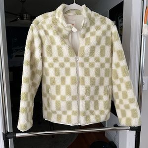 Green and white checkered fuzzy jacket